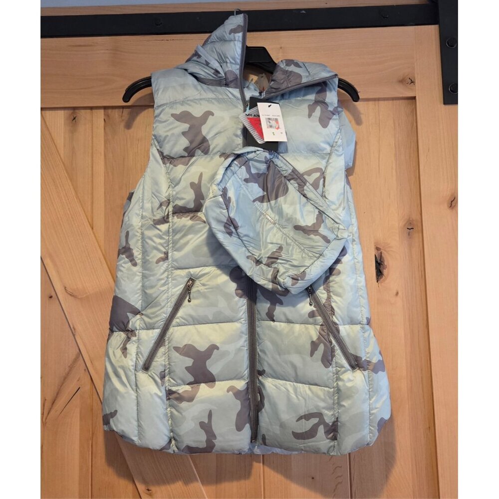 New! My Anorak Women Sz M Long Nylon Hood Duck Down Vest Blue Camo Puffer w/Bag